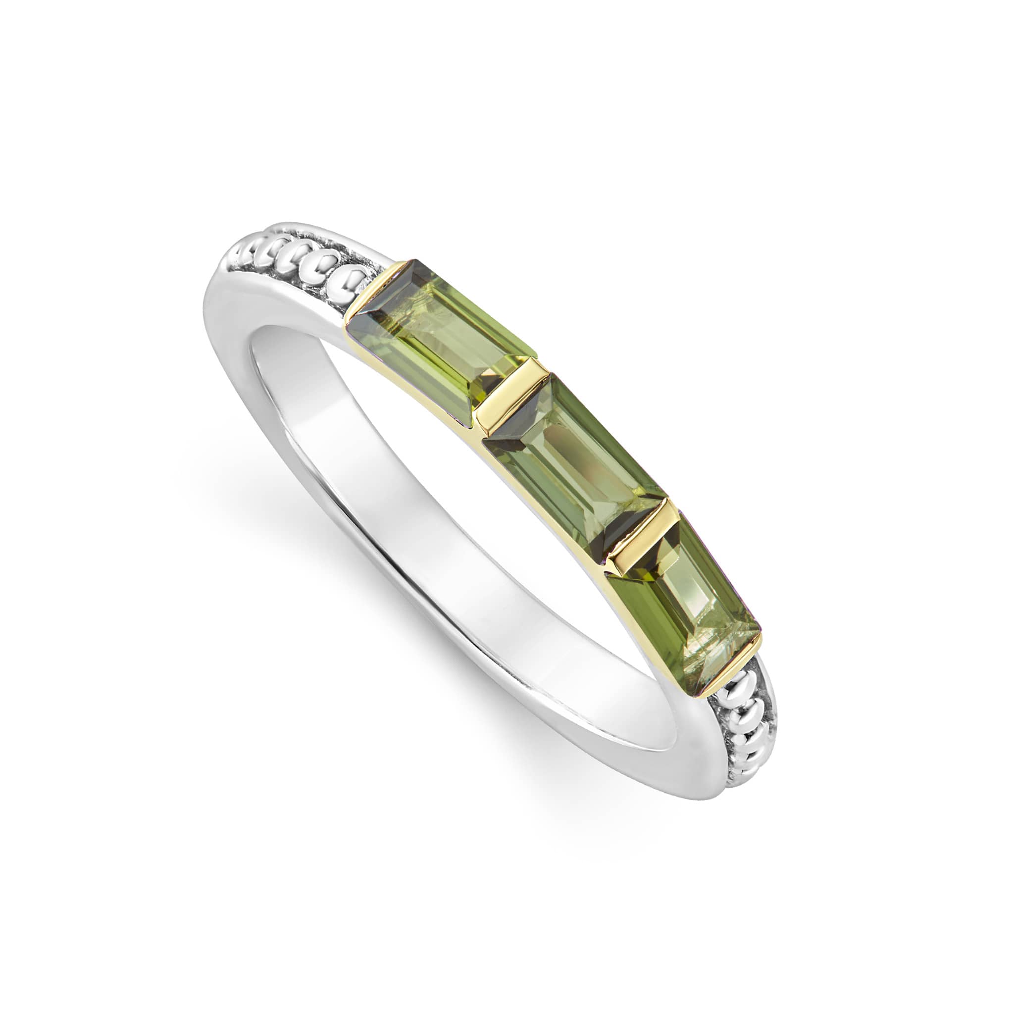 Three green tourmaline gemstones form this stacking ring surrounded by sterling silver Caviar beading.