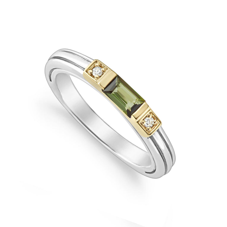 A LAGOS exclusive. Green tourmaline with two diamonds form this stacking ring on a band of 18K gold and fluted sterling silver. LAGOS diamonds are the highest quality natural stones.