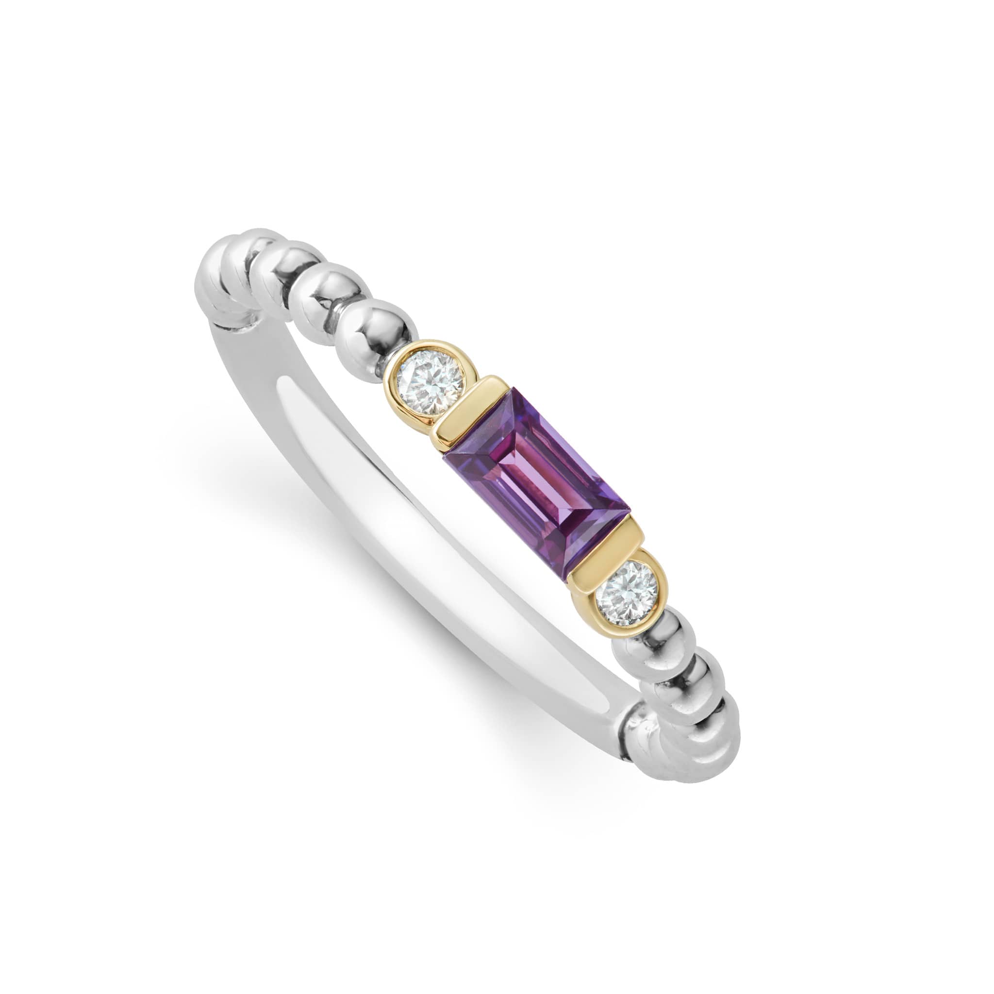 Amethyst gemstone with diamonds form this stacking ring surrounded by 18K gold and sterling silver Caviar beading. LAGOS diamonds are the highest quality natural stones.