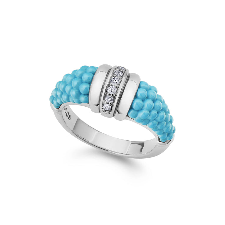 Blue ceramic ring with diamonds and highly polished sterling silver. LAGOS diamonds are the highest quality natural stones.