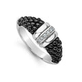 Black ceramic ring with a row of diamonds and highly polished sterling silver. LAGOS diamonds are the highest quality natural stones.