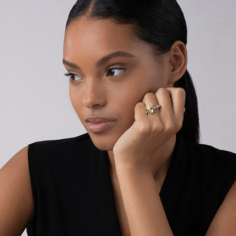 Rare Wonders Olive Quartz Beetle Diamond Ring