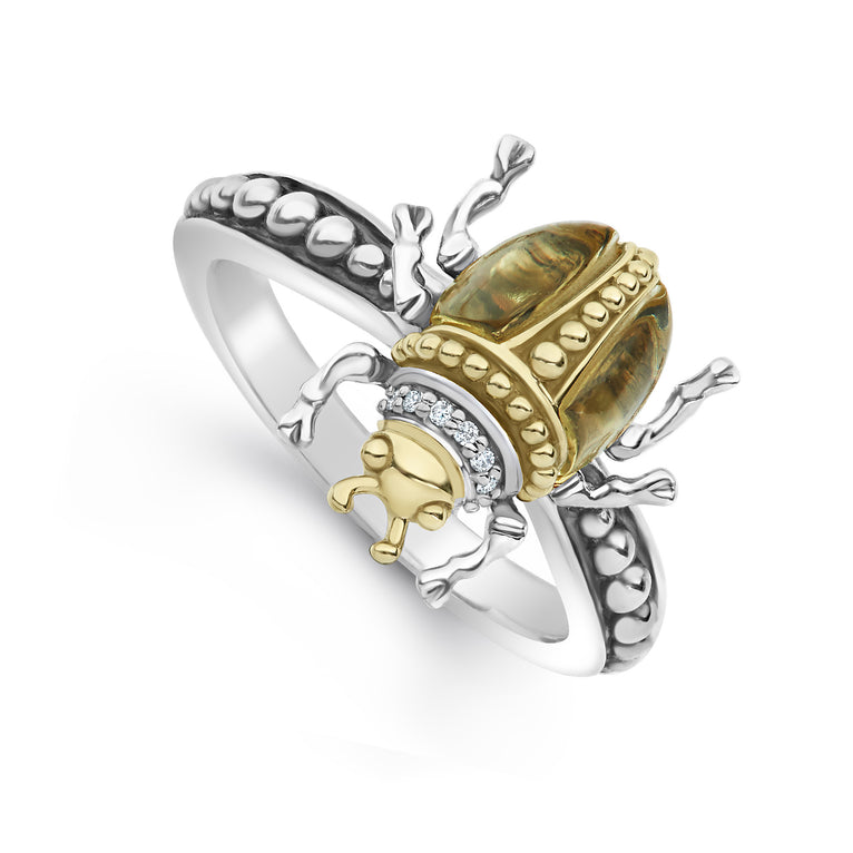 A LAGOS exclusive. Olive quartz with diamond, 18K gold and sterling silver accents forming a beetle ring. Ideal to pair with other signature Rare Wonder designs.Additional sizes may be available. Please contact customercare@lagos.com or call 877-925-