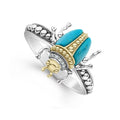 Rare Wonders Turquoise Beetle Diamond Ring with turquoise cabochons and diamonds, set in sterling silver and 18K gold, featuring detailed insect design with caviar beading.