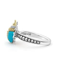 Rare Wonders Turquoise Beetle Diamond Ring featuring a turquoise cabochon, pavé-set gemstones, and sterling silver with 18K gold accents, stamped LAGOS inside.
