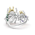 Rare Wonders Jade Double Beetle Diamond Ring with sterling silver and 18K gold accents, featuring green and purple jade on intricately detailed beetles.