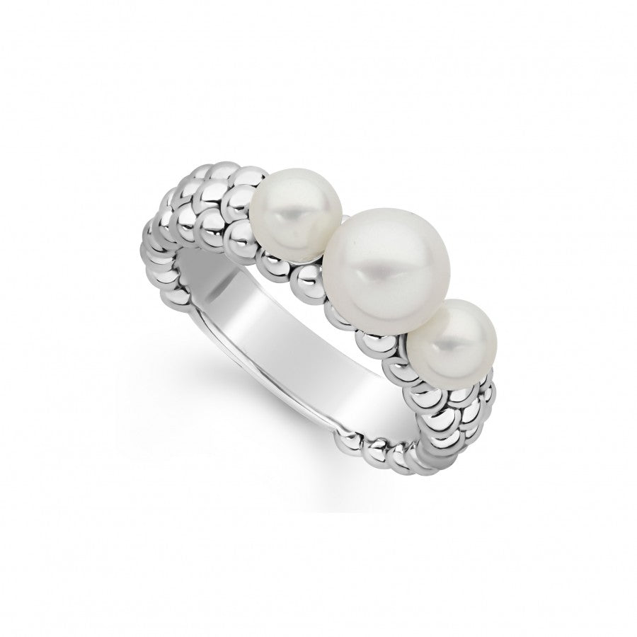 Three cultured freshwater pearls form this statement ring with sterling silver Caviar beading.