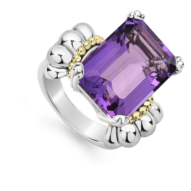 The return of a LAGOS icon. Our signature emerald-cut amethyst gemstone ring with a prong setting in sterling silver and 18K gold Caviar beading.