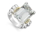 The return of a LAGOS icon. Our signature emerald-cut white topaz ring with a prong setting in sterling silver and 18K gold Caviar beading.