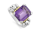 The return of a LAGOS icon. Our signature emerald-cut amethyst gemstone ring with a prong setting in sterling silver and 18K gold Caviar beading.