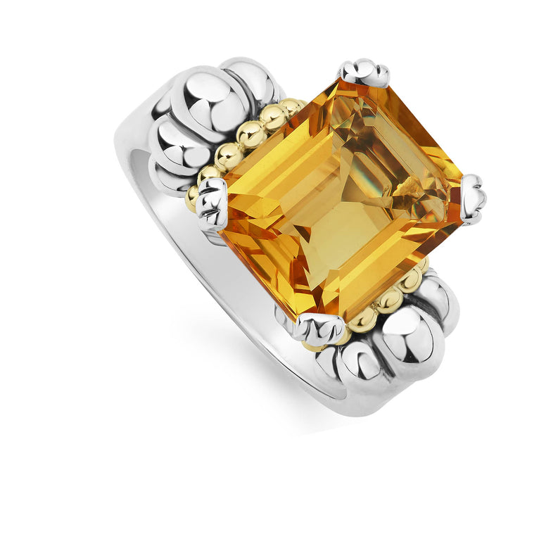 The return of a LAGOS icon. Our signature emerald-cut citrine gemstone ring with a prong setting in sterling silver and 18K gold Caviar beading.