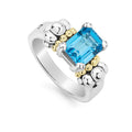 The return of a LAGOS icon. Our signature emerald-cut swiss blue topaz gemstone ring with a prong setting in sterling silver and 18K gold Caviar beading.