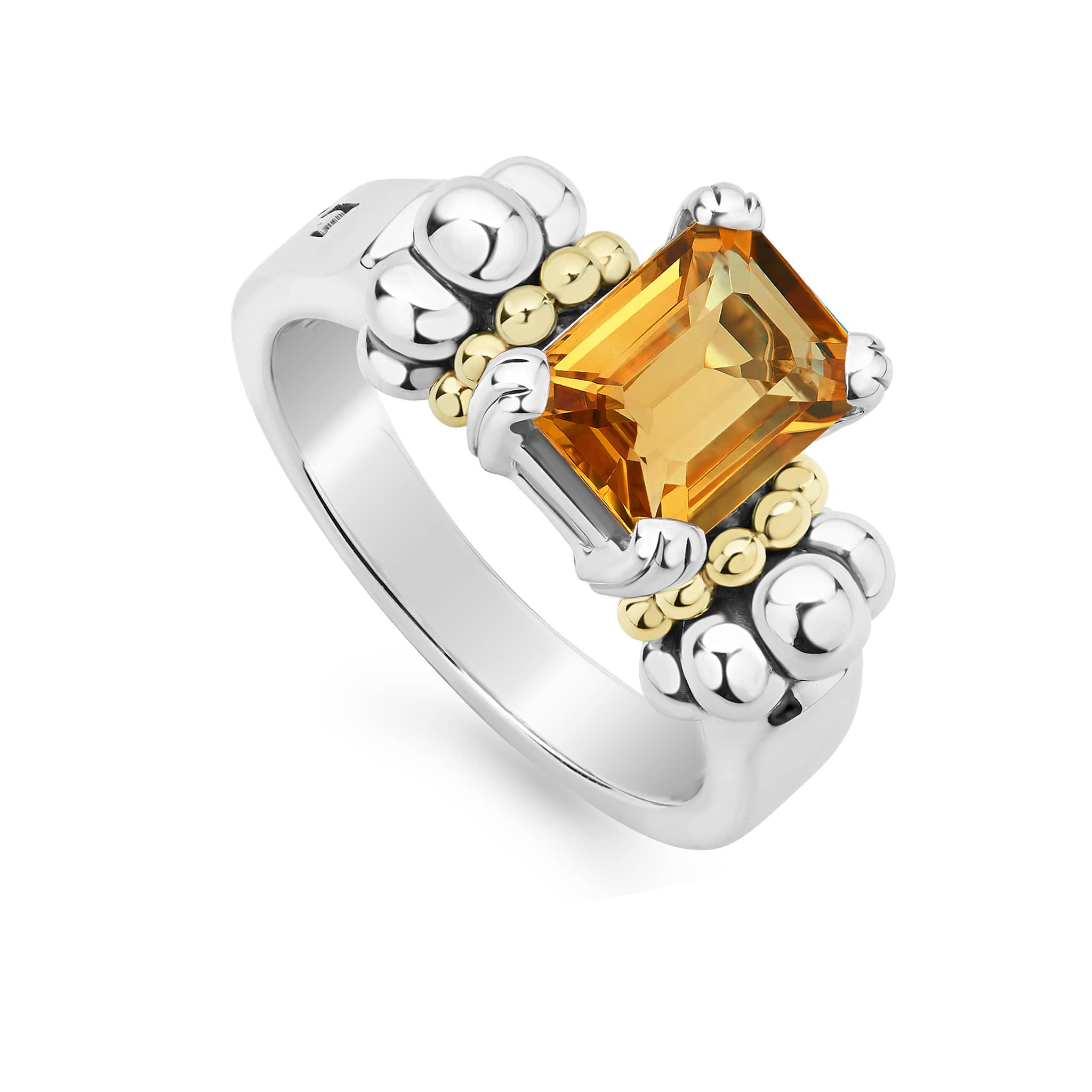 The return of a LAGOS icon. Our signature emerald-cut citrine gemstone ring with a prong setting in sterling silver and 18K gold Caviar beading.