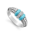 Sterling silver ring with blue ceramic and diamonds. Ideal to pair with other stacking rings. LAGOS diamonds are the highest quality natural stones.