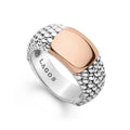 A smooth station of 18K rose gold set by sterling silver Caviar beading.