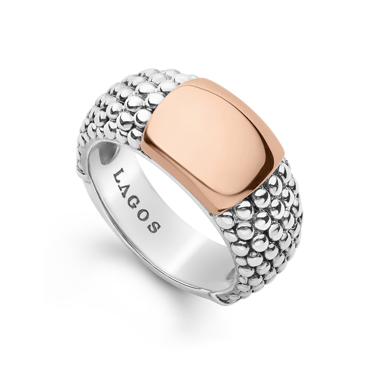A smooth station of 18K rose gold set by sterling silver Caviar beading.