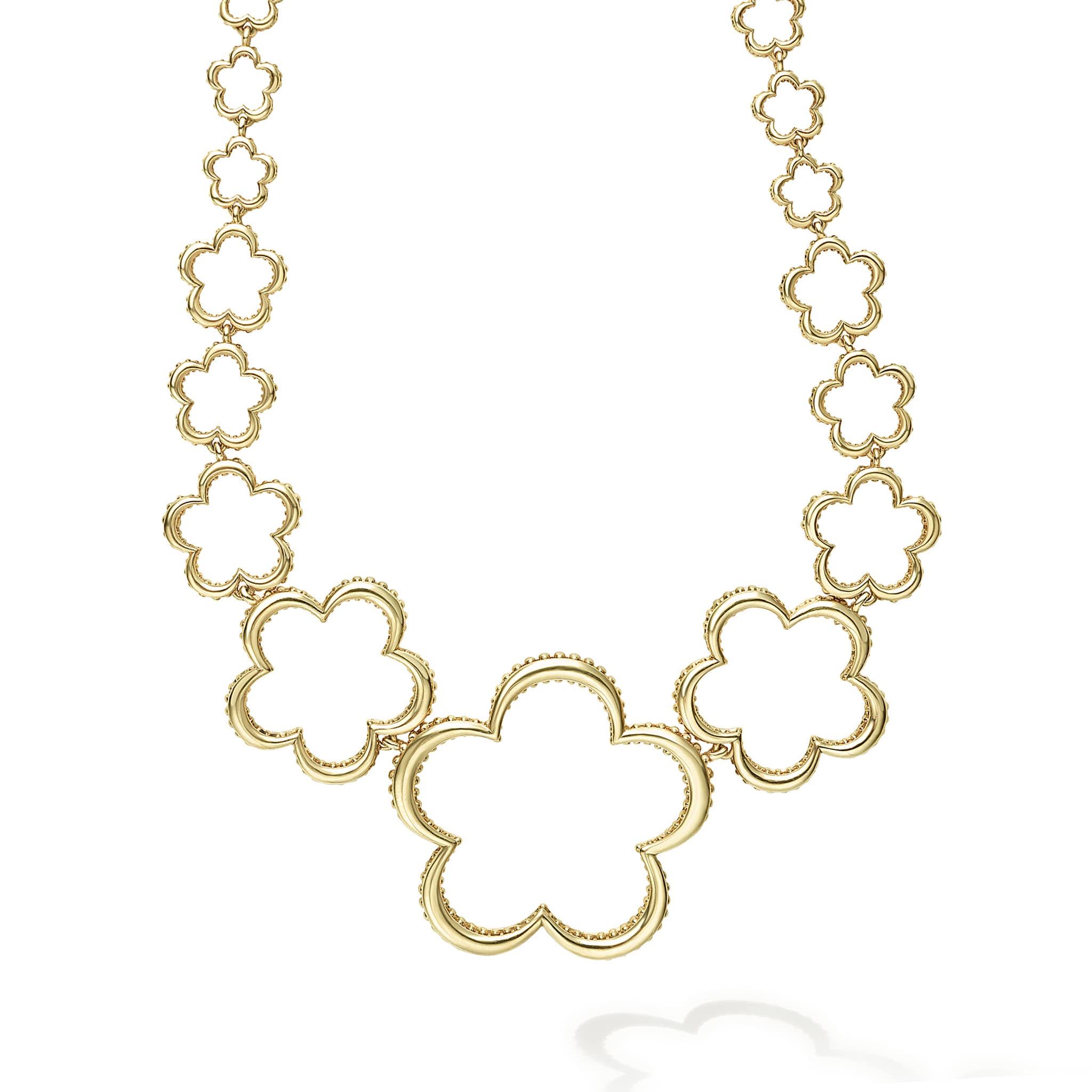 A LAGOS exclusive. 18k gold graduated floral outlines with Caviar beading detail on the sides form this 18 inch link necklace.
