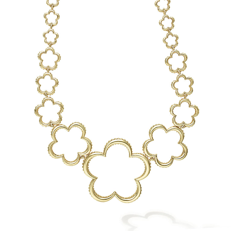 A LAGOS exclusive. 18k gold graduated floral outlines with Caviar beading detail on the sides form this 18 inch link necklace.