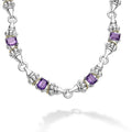 Ten emerald-cut amethyst gemstones with a prong setting in sterling silver and 18K gold Caviar beading form this necklace.