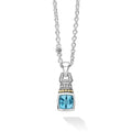 Swiss blue topaz gemstone drop pendant necklace with 18K gold and sterling Caviar beading. Necklace adjusts from 16 to 18 inches for added versatility.
