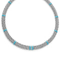 One diamond station set in sterling silver surrounded by ten blue ceramic stations with sterling silver Caviar beading. LAGOS diamonds are the highest quality natural stones.