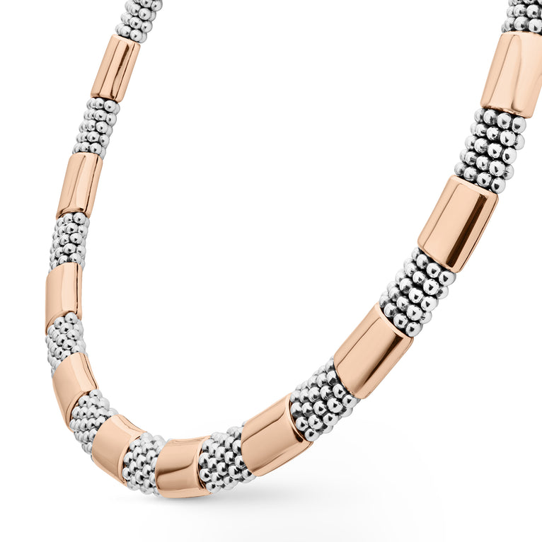 High Bar Rose Gold Station Caviar Necklace 12mm