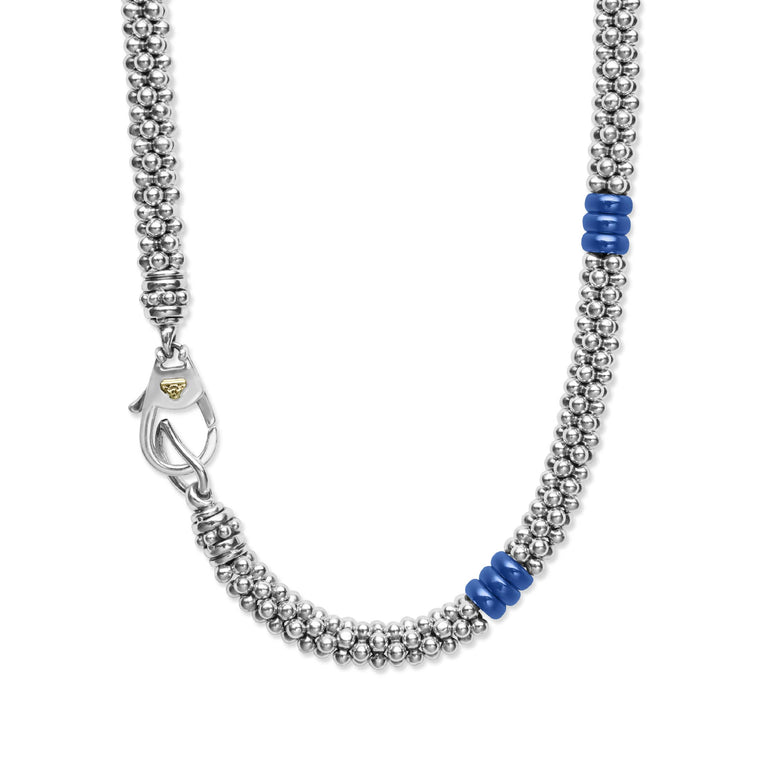 Blue Caviar Ultramarine Ceramic Three Bead Station Caviar Necklace