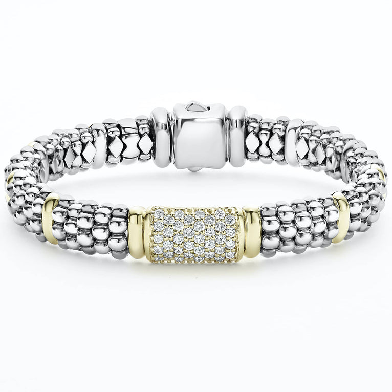 A LAGOS exclusive. Ten 18K gold stations on this sterling silver Caviar beaded bracelet with pavé diamonds set in 18K gold. LAGOS diamonds are the highest quality natural stones.