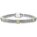 Three pavé diamond 18K gold X stations accent this sterling silver Caviar beaded bracelet. LAGOS diamonds are the highest quality natural stones.