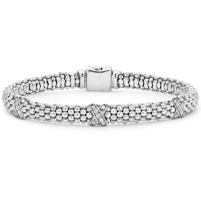 Three pavé diamond sterling silver X stations on this classic Caviar beaded bracelet. LAGOS diamonds are the highest quality natural stones.