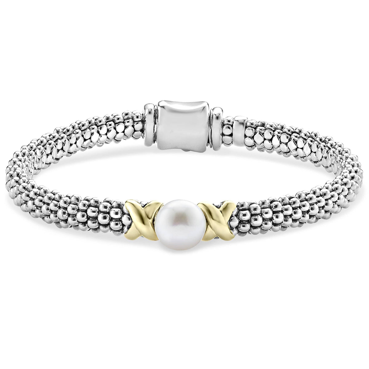 White Gold and Cultured Pearl Monogram Bangle Bracelet