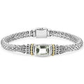 Prasiolite bezel-set gemstone and sterling silver Caviar beading with 18K gold detailing forms this bracelet.