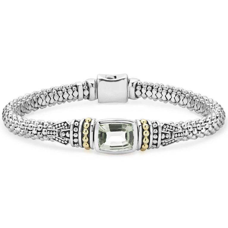 Prasiolite bezel-set gemstone and sterling silver Caviar beading with 18K gold detailing forms this bracelet.