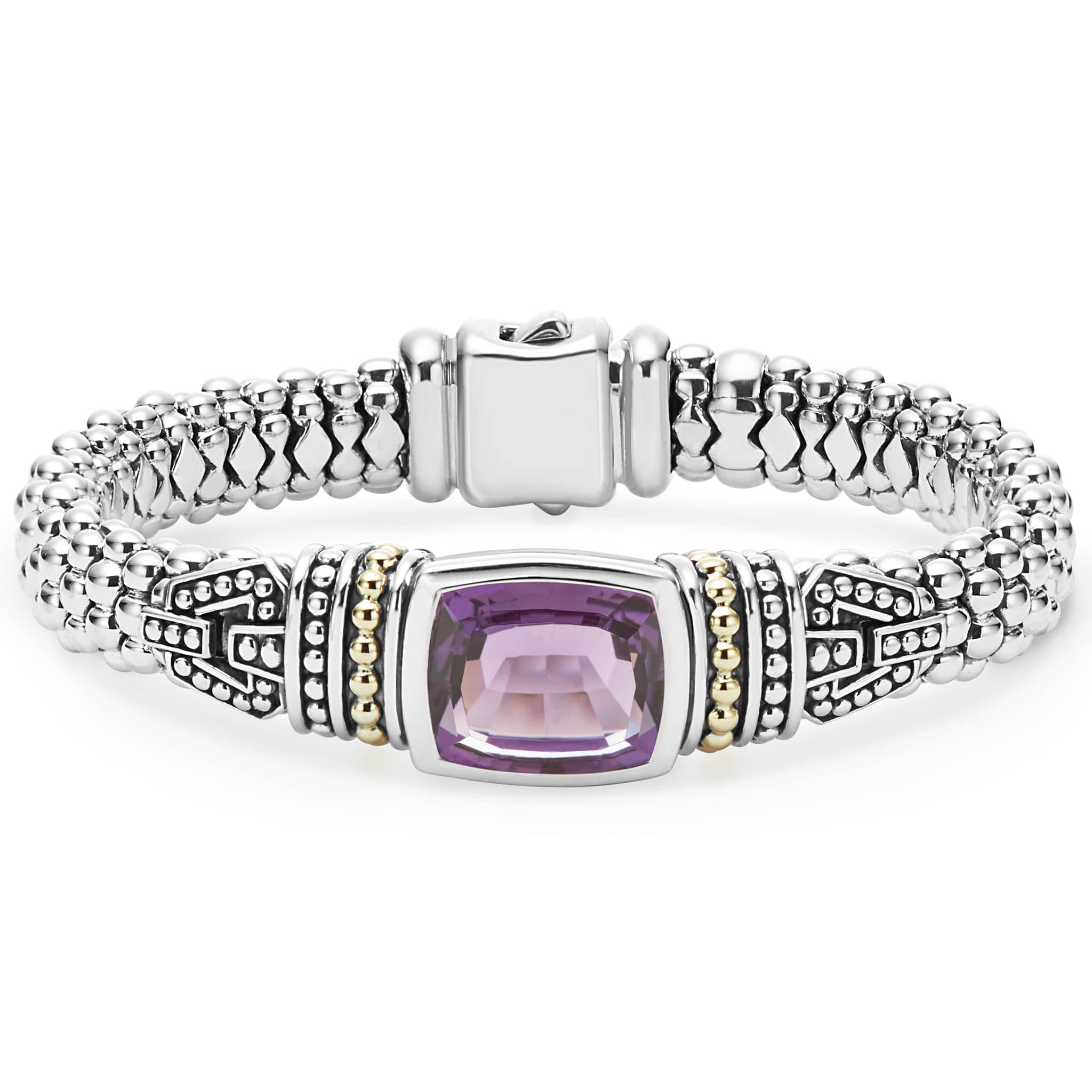 Amethyst bezel-set gemstone and sterling silver Caviar beading with 18K gold detailing forms this bracelet.