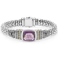 Amethyst bezel-set gemstone and sterling silver Caviar beading with 18K gold detailing forms this bracelet.