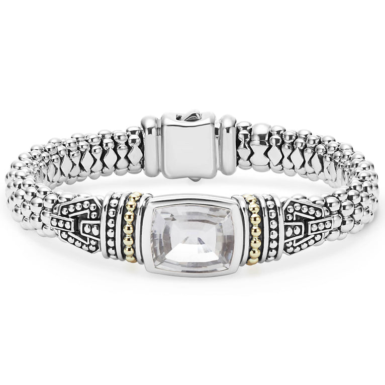 White topaz bezel-set gemstone and sterling silver Caviar beading with 18K gold detailing forms this bracelet.