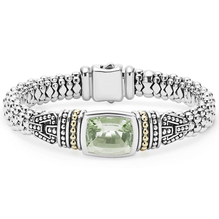 Prasiolite bezel-set gemstone and sterling silver Caviar beading with 18K gold detailing forms this bracelet.