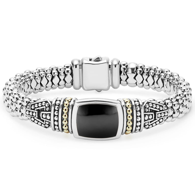 Onyx bezel-set gemstone and sterling silver Caviar beading with 18K gold detailing forms this bracelet.