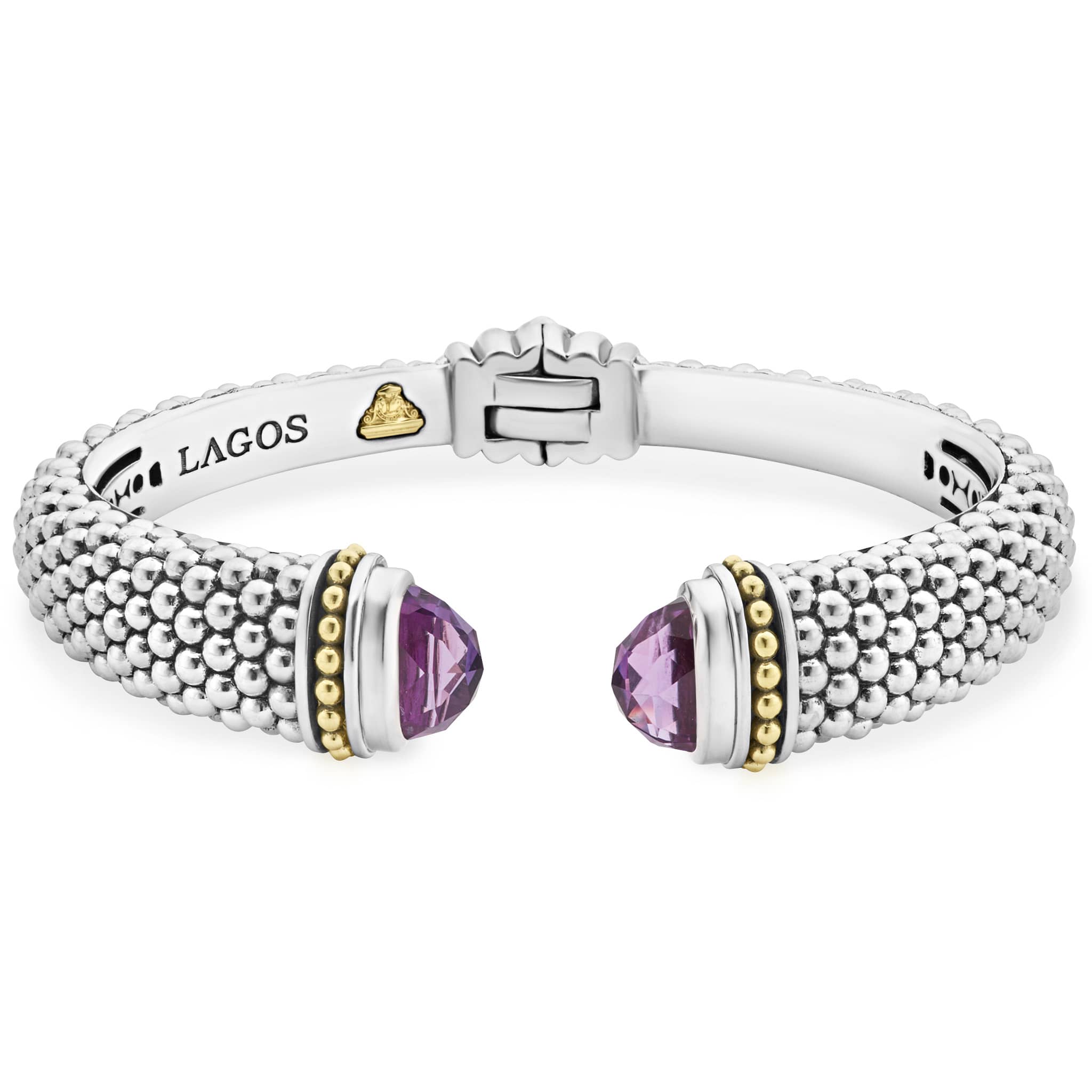 Expertly crafted Caviar beading with highly polished sterling silver stations comprise this innovative bracelet detailing amethyst gemstone end caps. Finished with a hinge clasp.