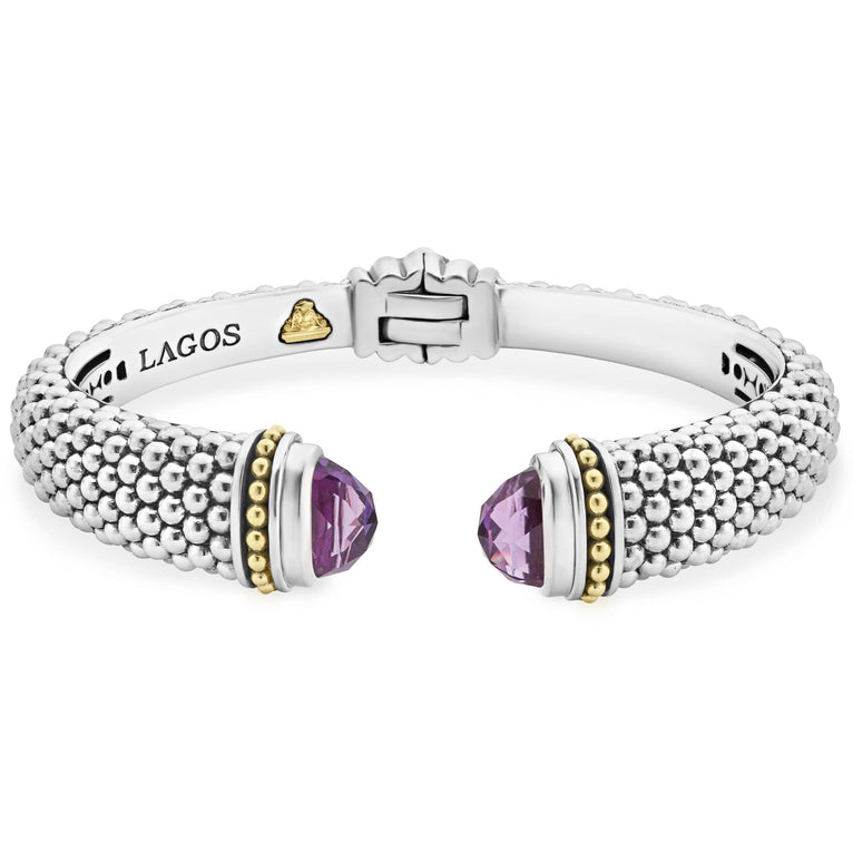 Expertly crafted Caviar beading with highly polished sterling silver stations comprise this innovative bracelet detailing amethyst gemstone end caps. Finished with a hinge clasp.