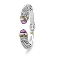 Rittenhouse Amethyst Cuff Bracelet 12mm: Sculptural silver cuff with Caviar beading, amethyst gemstone ends, gold accents, and engraved branding for elegance and sophistication.