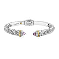 Caviar beading and highly polished sterling silver stations comprise this innovative cuff bracelet detailing amethyst gemstone end caps.