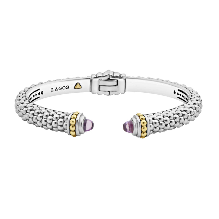 Caviar beading and highly polished sterling silver stations comprise this innovative cuff bracelet detailing amethyst gemstone end caps.