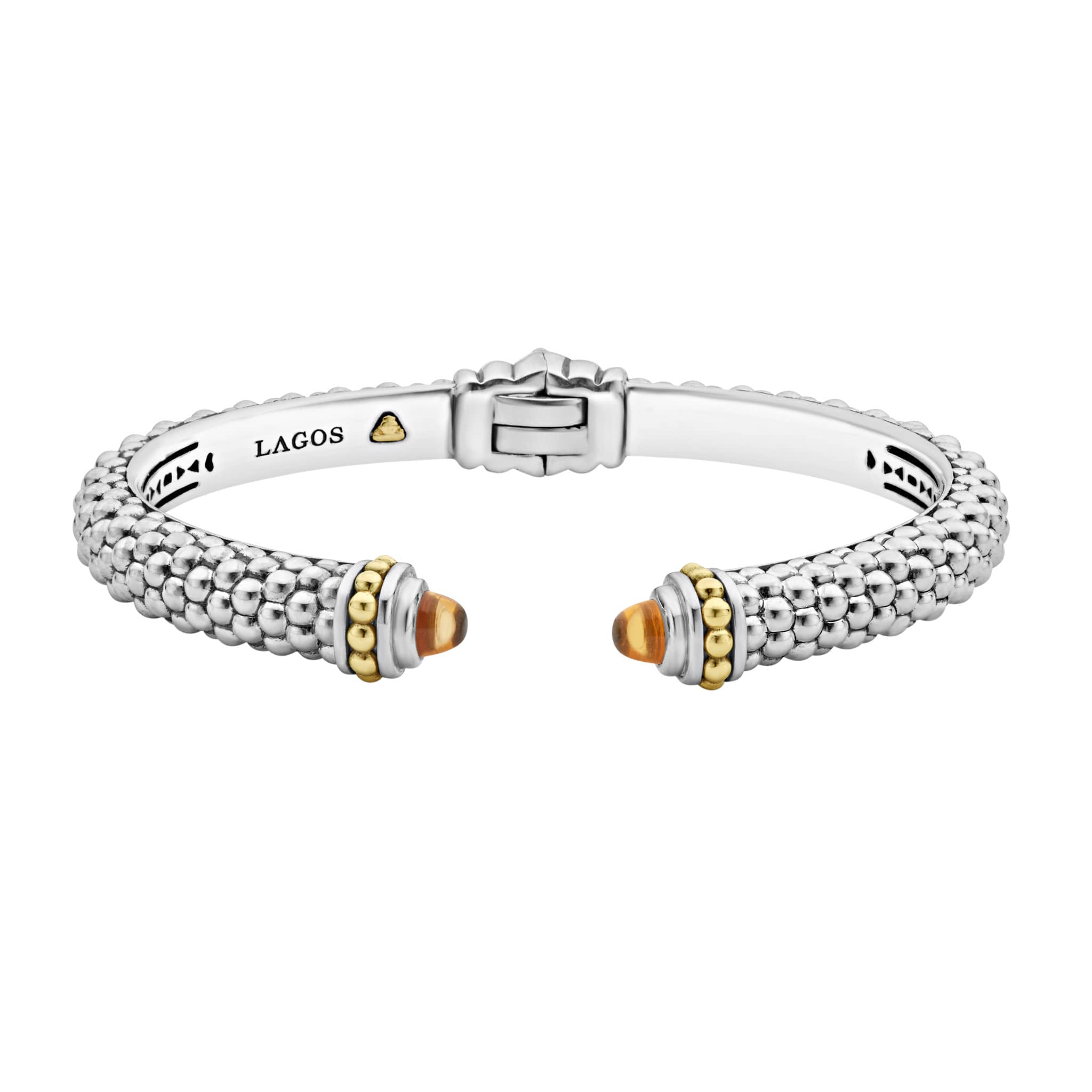 Caviar beading and highly polished sterling silver stations comprise this innovative cuff bracelet detailing citrine gemstone end caps.