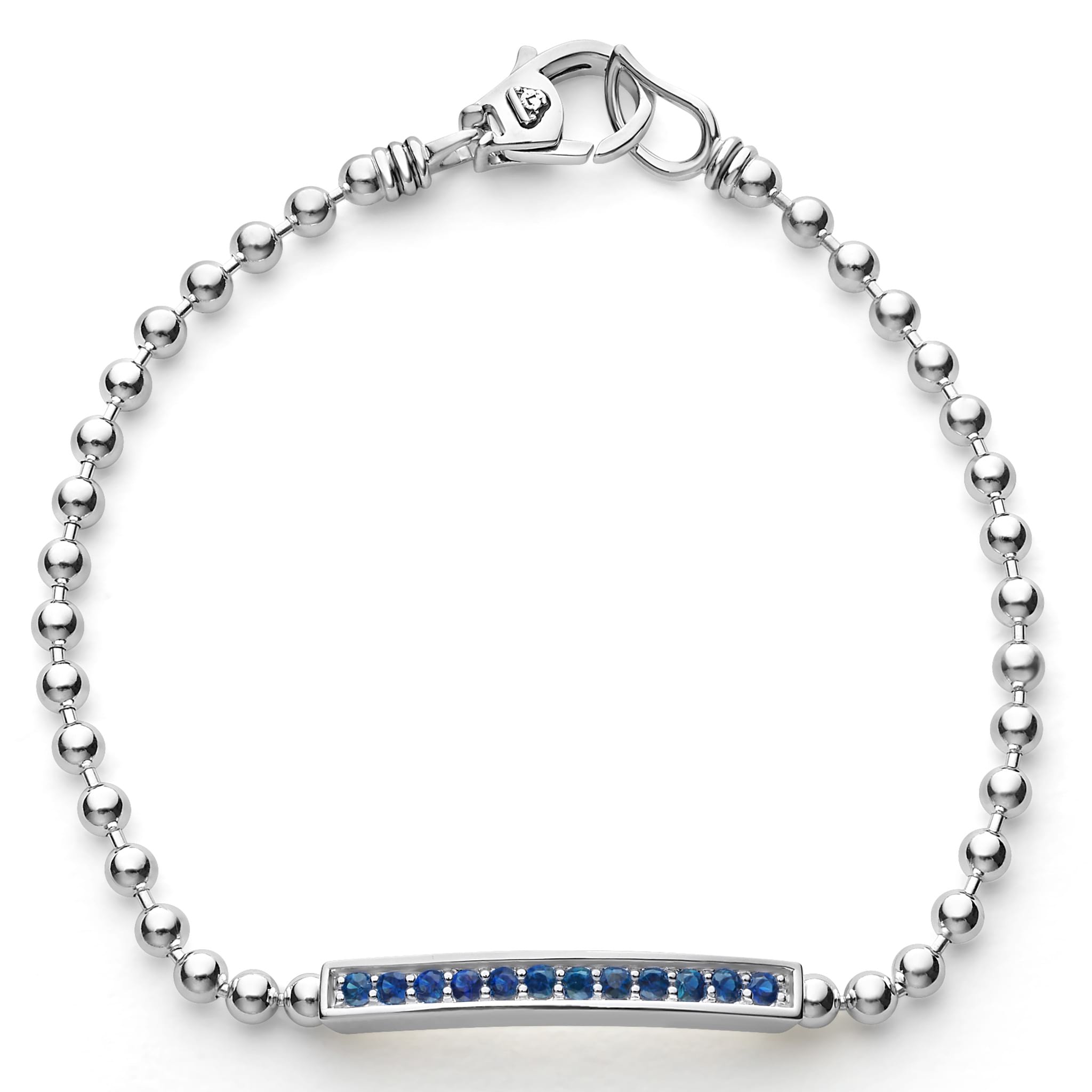 A linear blue sapphire gemstone station set by sterling silver Caviar beading forms this bracelet.