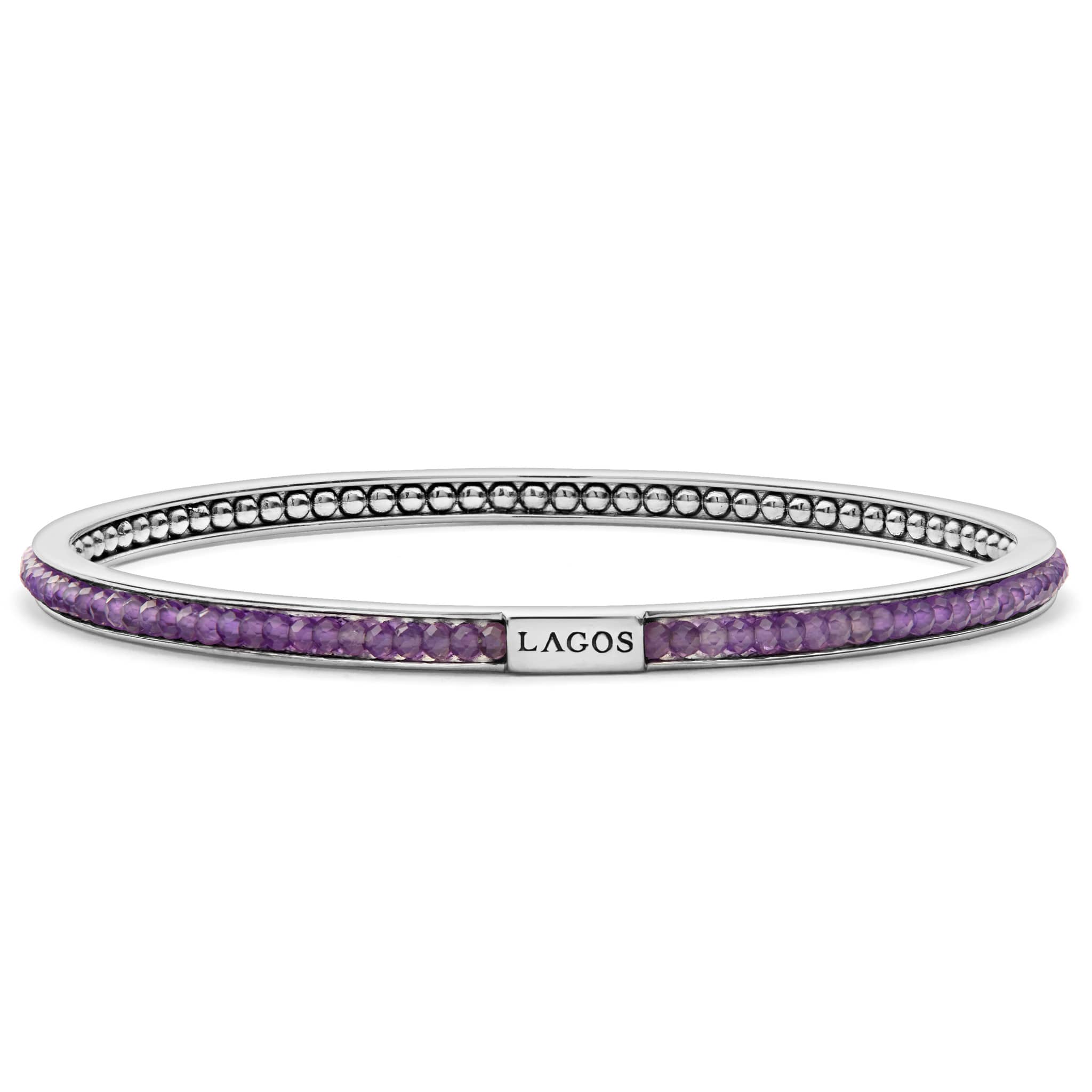 Amethyst gemstones set with smoothly polished sterling silver forms this round bangle detailing the LAGOS logo.
