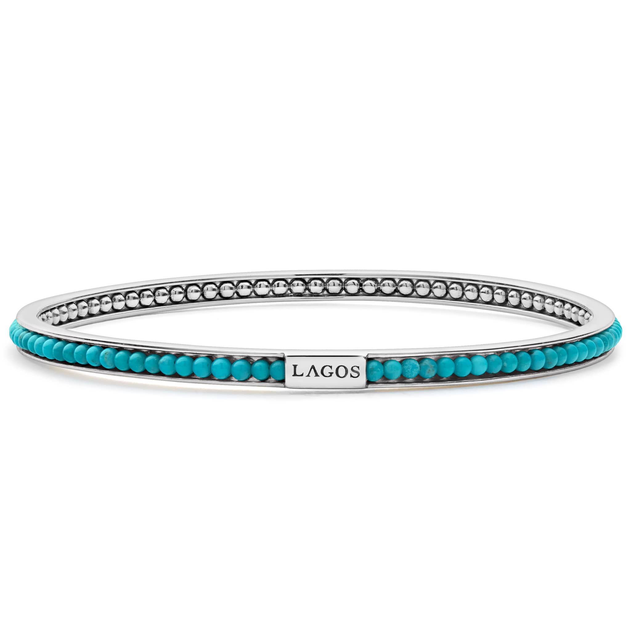 Turquoise gemstones set with smoothly polished sterling silver forms this round bangle detailing the LAGOS logo.