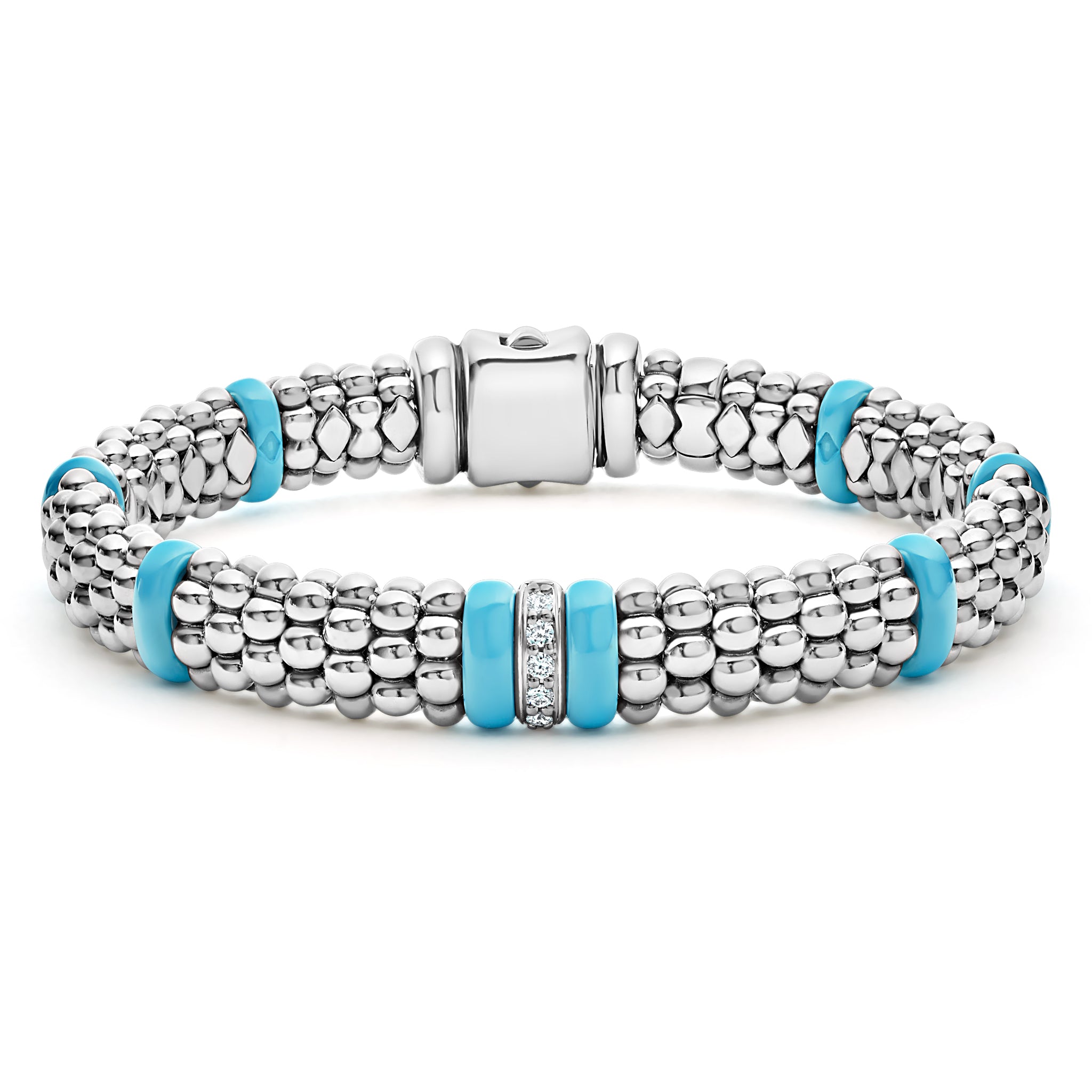 A single diamond station set in sterling silver surrounded by blue ceramic and Caviar beading. LAGOS diamonds are the highest quality natural stones.