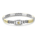 Smart Caviar 18K Gold Gift Set features a two-tone bracelet with polished bars and Caviar beading, showcasing LAGOS craftsmanship in gold and silvery metal.