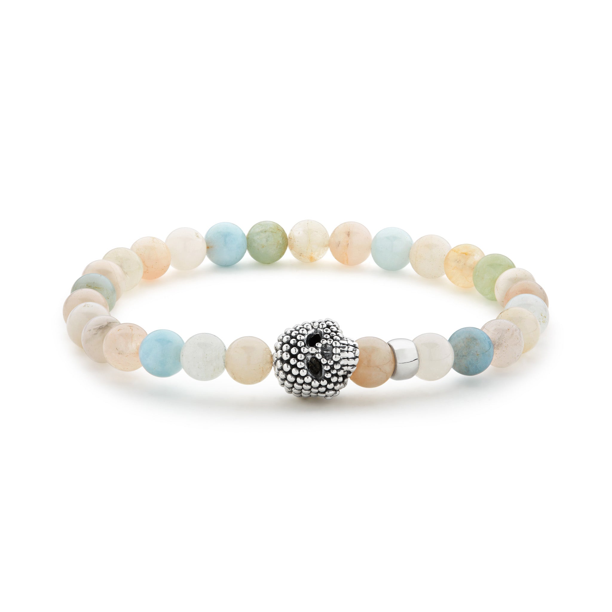 Morganite gemstone beaded bracelet with a sterling silver Caviar skull.